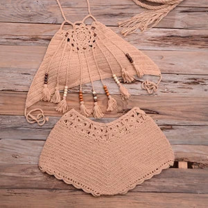 Mulheres conchas borla sexy biquinis de malha crochê maiô praia banho brasileiro verão sólido maiô beachwear