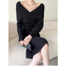 Camisola de malha vestido feminino outono inverno novo com decote em v longo magro vestidos de malha feminina cintura alta elegante vestido de festa à noite