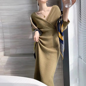 Camisola de malha vestido feminino outono inverno novo com decote em v longo magro vestidos de malha feminina cintura alta elegante vestido de festa à noite