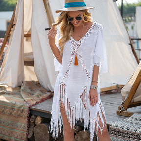 Vestido de praia sem costas feminino com borlas, halter sexy com decote em v, roupa de banho de verão, praia, cobertura