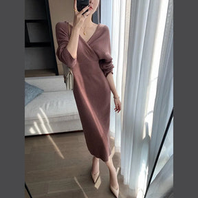 Camisola de malha vestido feminino outono inverno novo com decote em v longo magro vestidos de malha feminina cintura alta elegante vestido de festa à noite