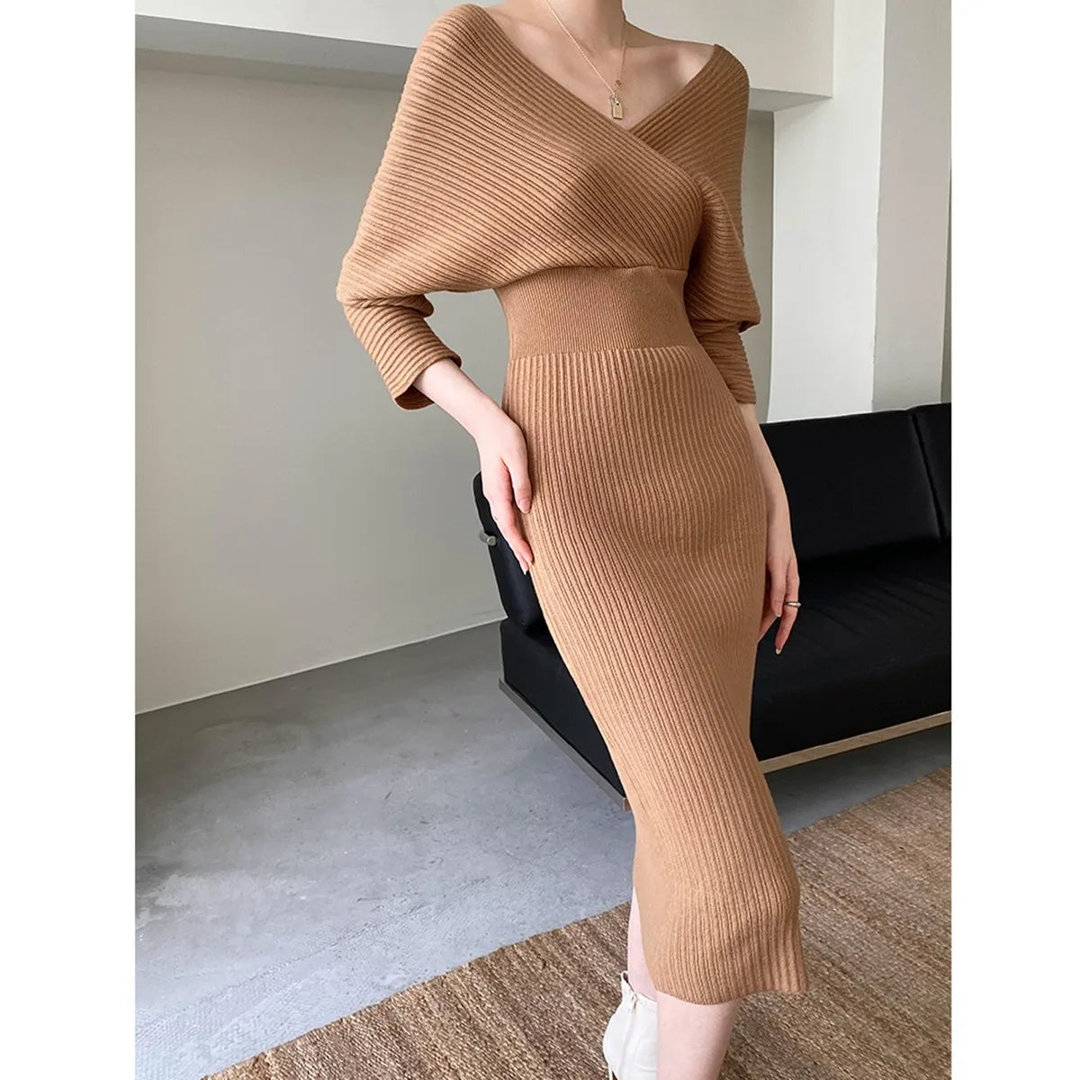 Camisola de malha vestido feminino outono inverno novo com decote em v longo magro vestidos de malha feminina cintura alta elegante vestido de festa à noite