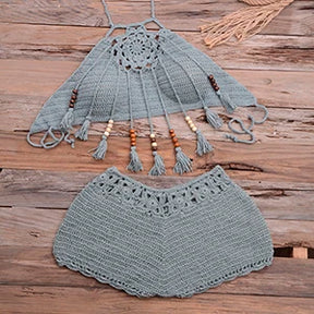 Mulheres conchas borla sexy biquinis de malha crochê maiô praia banho brasileiro verão sólido maiô beachwear