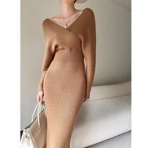 Camisola de malha vestido feminino outono inverno novo com decote em v longo magro vestidos de malha feminina cintura alta elegante vestido de festa à noite
