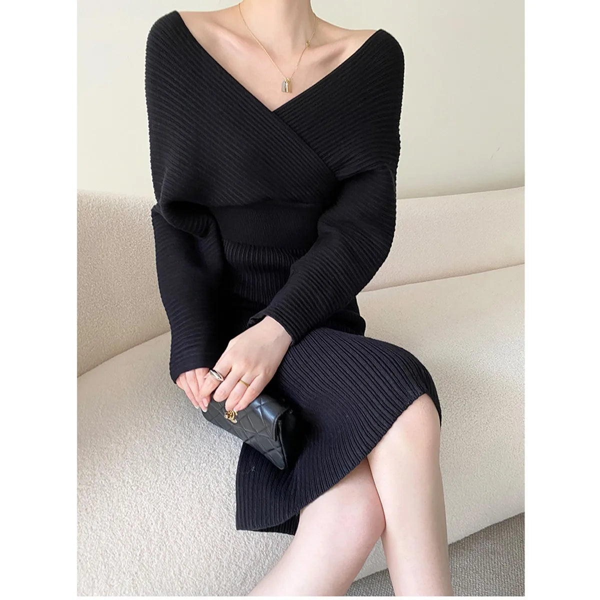 Camisola de malha vestido feminino outono inverno novo com decote em v longo magro vestidos de malha feminina cintura alta elegante vestido de festa à noite