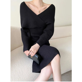Camisola de malha vestido feminino outono inverno novo com decote em v longo magro vestidos de malha feminina cintura alta elegante vestido de festa à noite