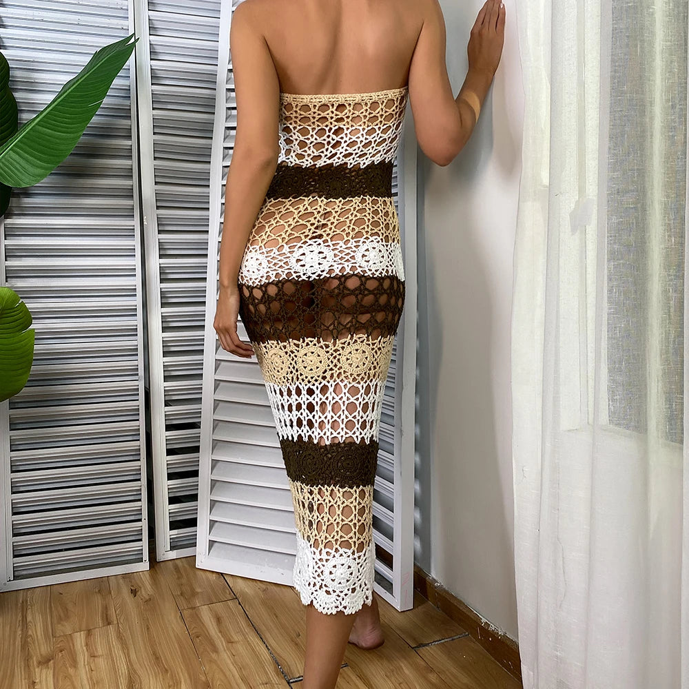 Vestido maxi de crochê de renda feminino, vestido casual boêmio de verão, maiô para encobrir, moda praia