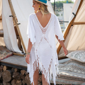 Vestido de praia sem costas feminino com borlas, halter sexy com decote em v, roupa de banho de verão, praia, cobertura
