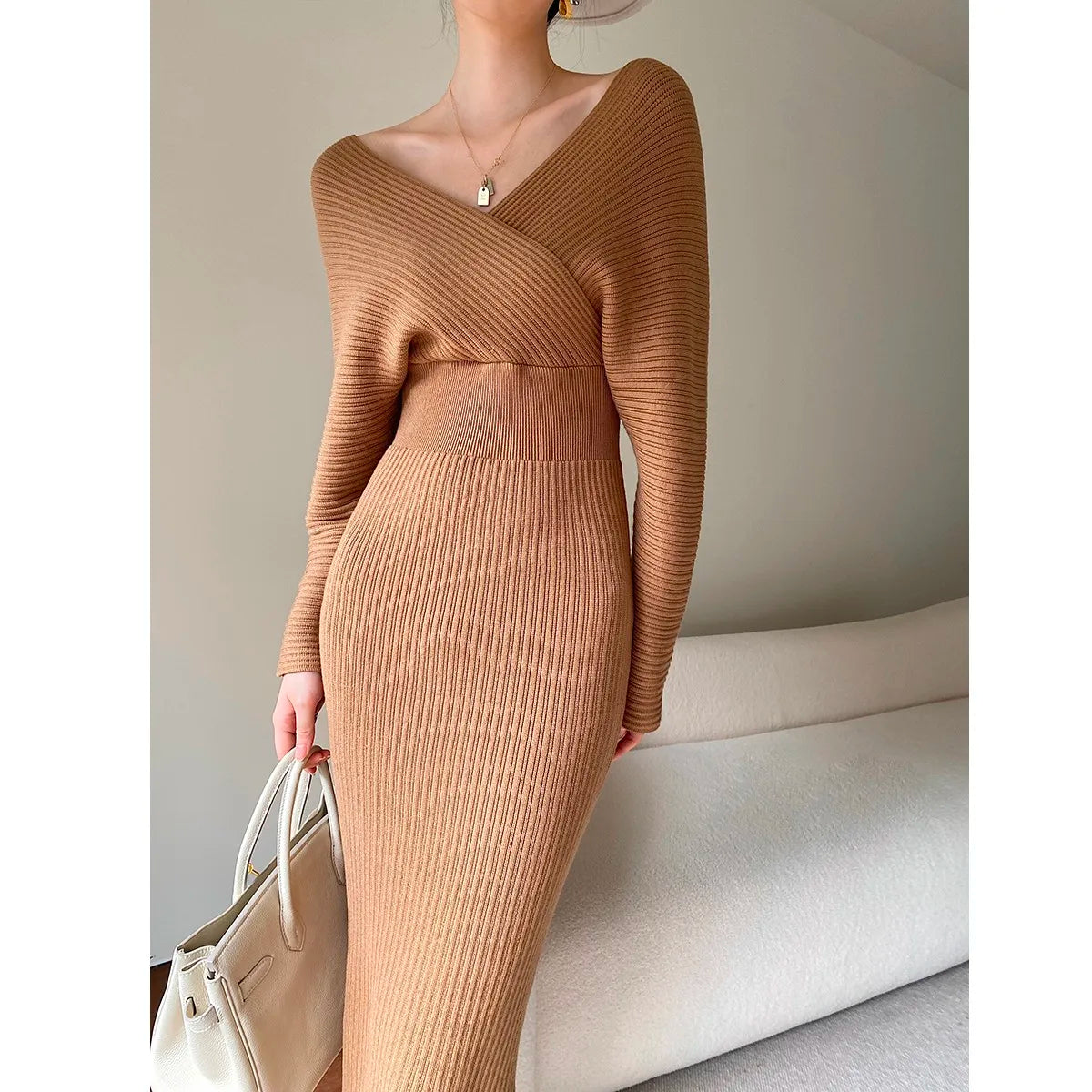 Camisola de malha vestido feminino outono inverno novo com decote em v longo magro vestidos de malha feminina cintura alta elegante vestido de festa à noite