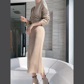 Camisola de malha vestido feminino outono inverno novo com decote em v longo magro vestidos de malha feminina cintura alta elegante vestido de festa à noite