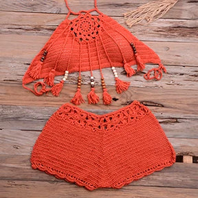 Mulheres conchas borla sexy biquinis de malha crochê maiô praia banho brasileiro verão sólido maiô beachwear