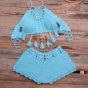 Mulheres conchas borla sexy biquinis de malha crochê maiô praia banho brasileiro verão sólido maiô beachwear