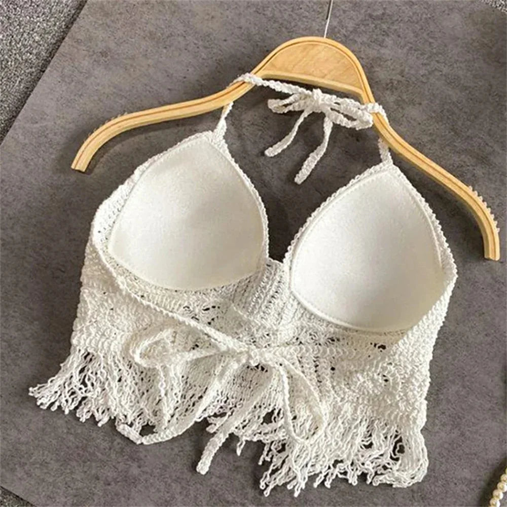 Mulheres verão praia boho colheita topos sexy y2k malha sem costas oco para fora regatas crochê borlas hem halter sutiãs bustier topo