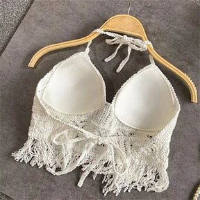 Mulheres verão praia boho colheita topos sexy y2k malha sem costas oco para fora regatas crochê borlas hem halter sutiãs bustier topo