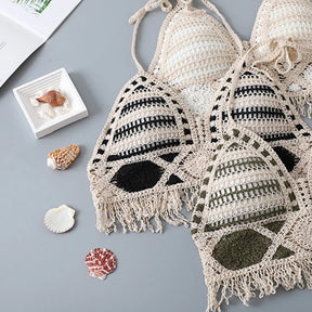 Verão malha sem curto colheita topo feminino sexy oco para fora crochê borlas bainha cabresto sutiã bustier almofadas no peito dropshipping