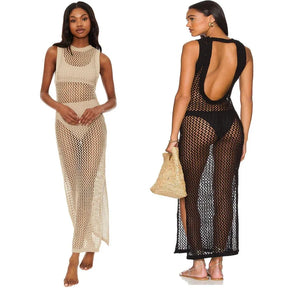 Europeu e americano feminino usar malha oco para fora o-pescoço vestido longo verão praia estilo malha fenda oco para fora bikini cover-up