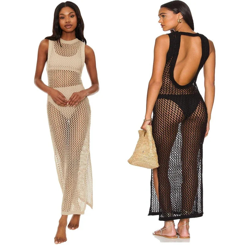Europeu e americano feminino usar malha oco para fora o-pescoço vestido longo verão praia estilo malha fenda oco para fora bikini cover-up