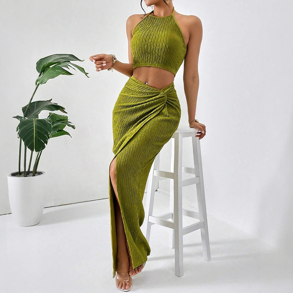 Mia musa define primavera verão encaixe fino elegante simples fenda sem mangas halter pescoço cintura natural maxi conjuntos de festa para mulher