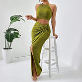 Mia musa define primavera verão encaixe fino elegante simples fenda sem mangas halter pescoço cintura natural maxi conjuntos de festa para mulher