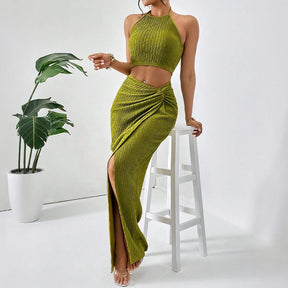 Mia musa define primavera verão encaixe fino elegante simples fenda sem mangas halter pescoço cintura natural maxi conjuntos de festa para mulher