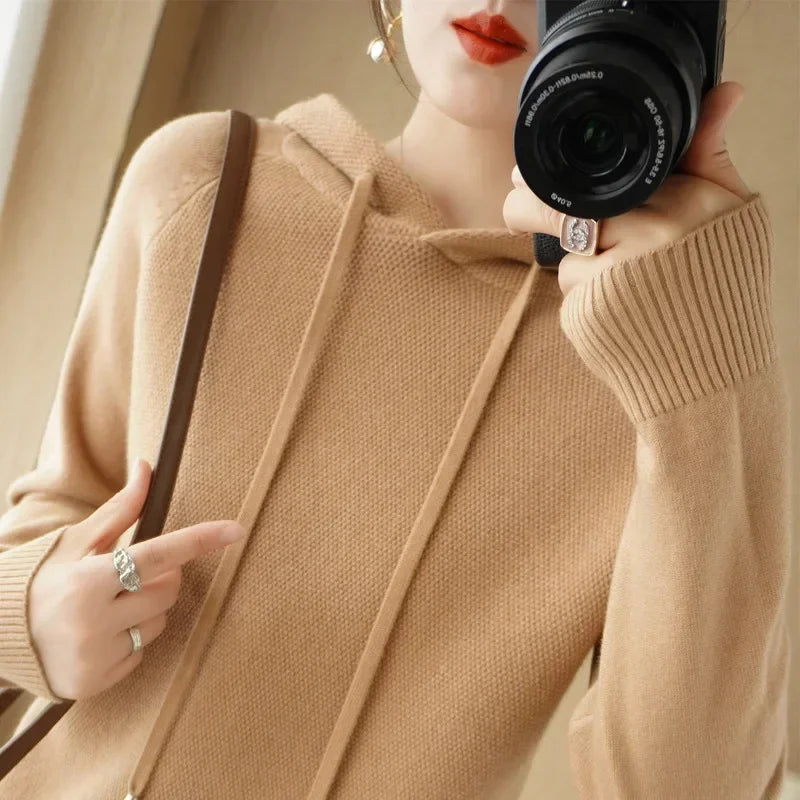 Camisola com capuz mulher outono inverno manga longa quente camisa de fundo sólido casual pullovers malha topos moda coreana jumper 2025
