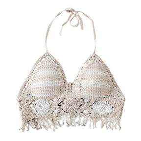 Verão malha sem curto colheita topo feminino sexy oco para fora crochê borlas bainha cabresto sutiã bustier almofadas no peito dropshipping