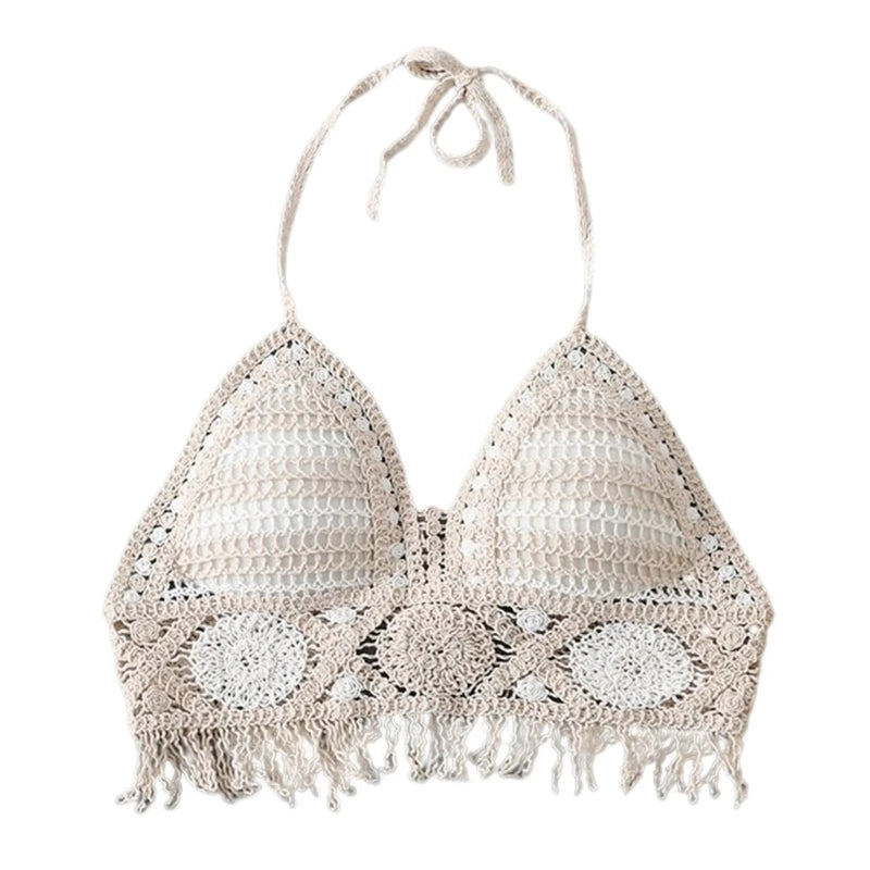 Verão malha sem curto colheita topo feminino sexy oco para fora crochê borlas bainha cabresto sutiã bustier almofadas no peito dropshipping