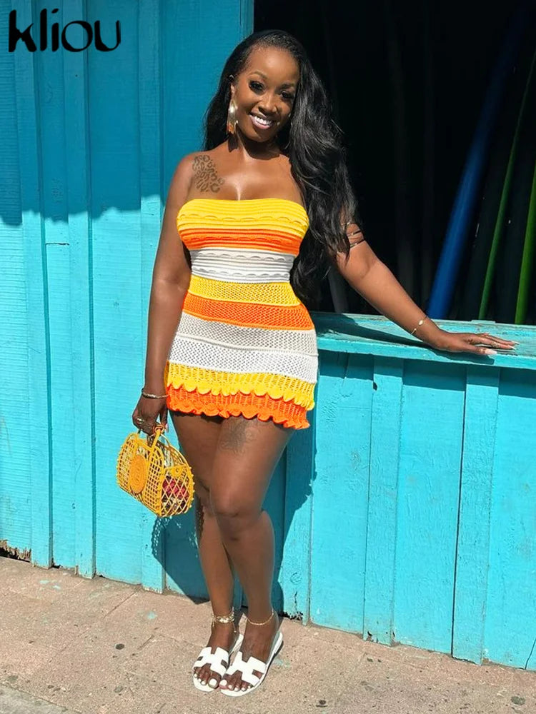 Kliou painéis listrado malha oco para fora mini vestido feminino casual envolto peito sem mangas bodycon menina quente streetwear outfit