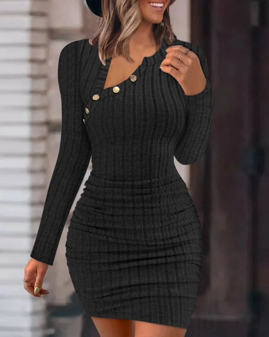 Vestidos bodycon com gola redonda e botão para mulheres, cor sólida, mini vestido envoltório com nervuras, slim fit, suéter de malha franzido