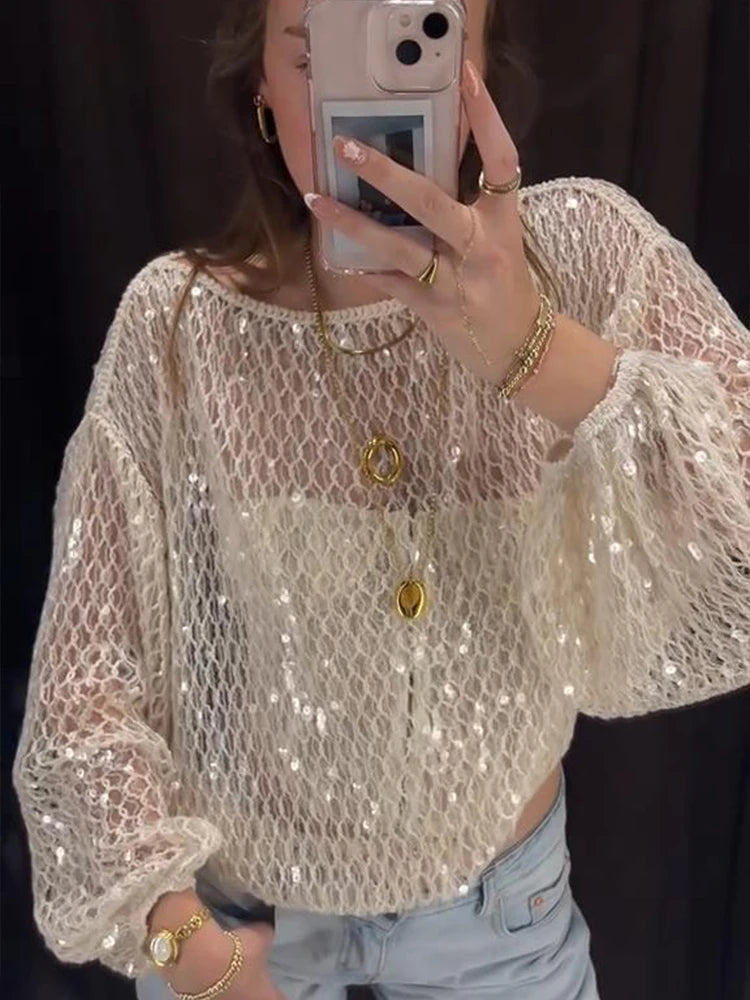 Chique crochê malha lantejoulas camisola feminina em torno do pescoço ver através da manga lanterna topo 2025 quatro temporada rua férias senhora topos