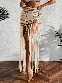 Crochê borla bikini cobrir vestido de praia wear feminino amarrar banhista maiô borla saia longa maiô cobrir vestido de praia
