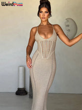 Bwq gato malha elegante vestido feminino sem mangas sem costas cruz bandagem estiramento simples sexy festa de aniversário clubwear vestidos finos