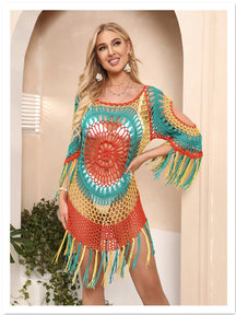 H80 & s90 novo multi crochê bikini cobrir com franja guarnição superior feminino sexy oco túnica praia vestido de verão maiô