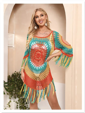 H80 & s90 novo multi crochê bikini cobrir com franja guarnição superior feminino sexy oco túnica praia vestido de verão maiô