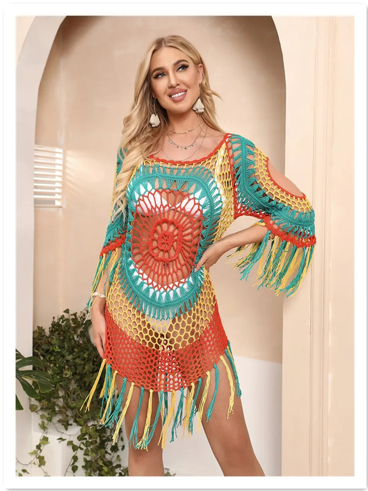H80 & s90 novo multi crochê bikini cobrir com franja guarnição superior feminino sexy oco túnica praia vestido de verão maiô