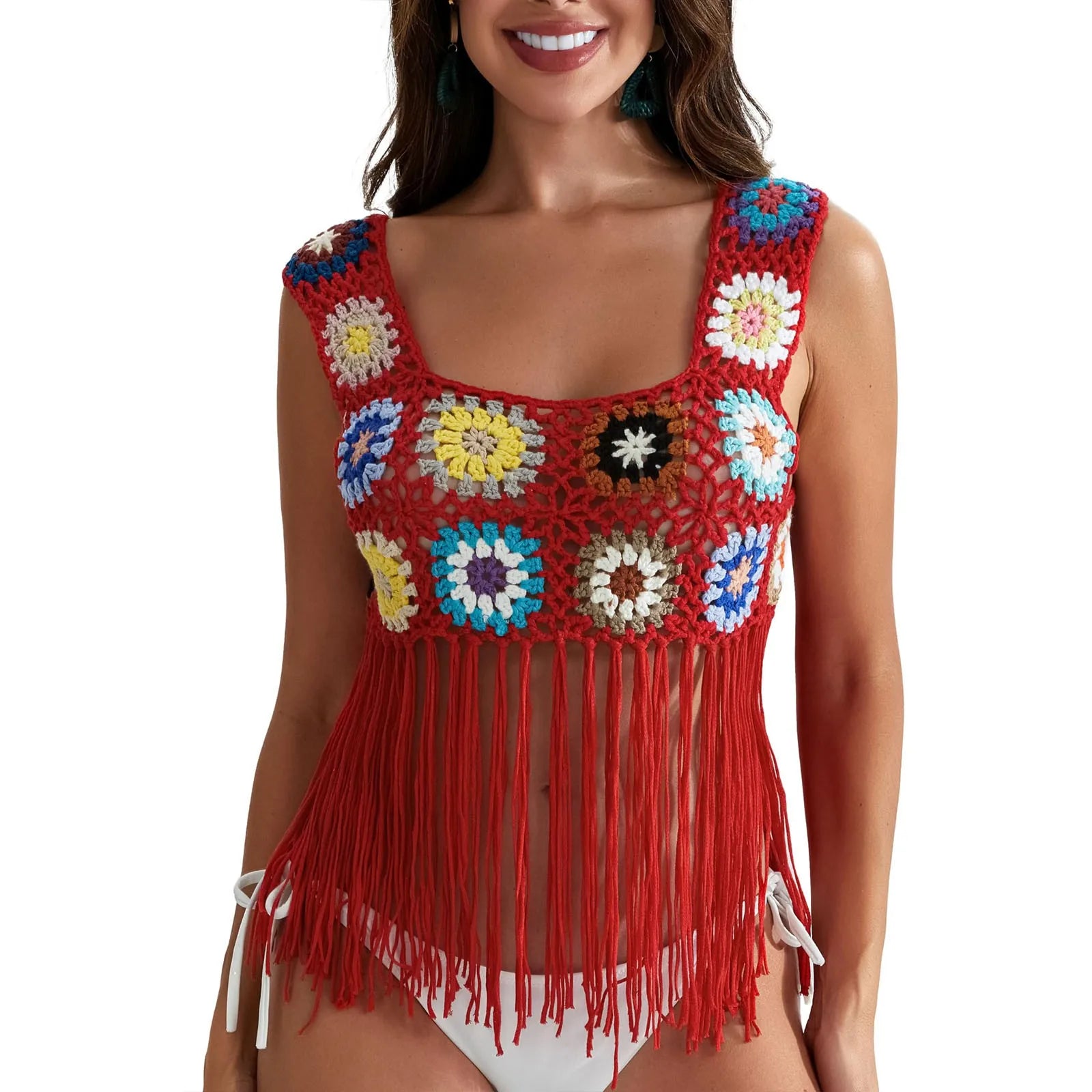 Mulheres Crochet Regata com Borlas, Cobertura de malha Ups, Bordado Floral Colorido, Camisola Boho Verão, Escavar Beachwear, Traf