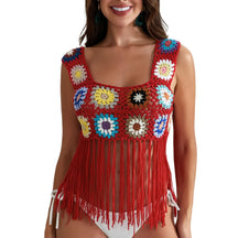 Mulheres Crochet Regata com Borlas, Cobertura de malha Ups, Bordado Floral Colorido, Camisola Boho Verão, Escavar Beachwear, Traf