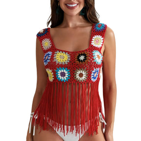 Mulheres Crochet Regata com Borlas, Cobertura de malha Ups, Bordado Floral Colorido, Camisola Boho Verão, Escavar Beachwear, Traf