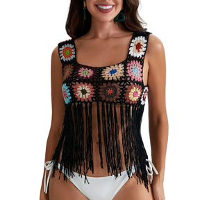 Mulheres Crochet Regata com Borlas, Cobertura de malha Ups, Bordado Floral Colorido, Camisola Boho Verão, Escavar Beachwear, Traf