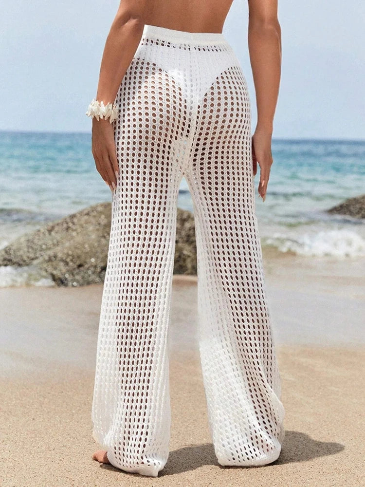 Calças largas de malha com cordão casual de cor sólida vazada, elegante, elegante e confortável para mulheres