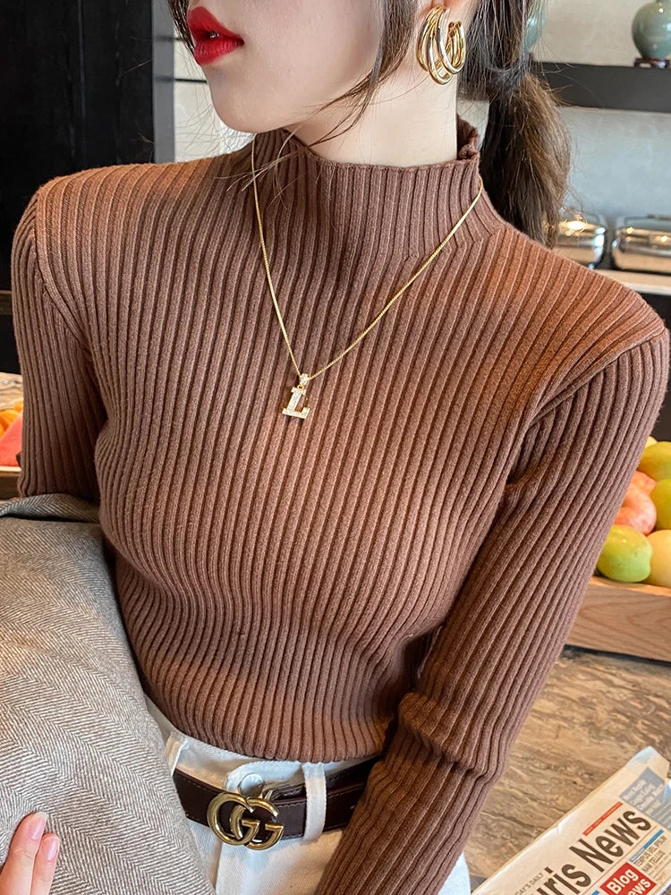 Elegante sólido básico de malha topos feminino gola alta camisola manga longa casual fino pulôver moda coreana simples roupas chiques