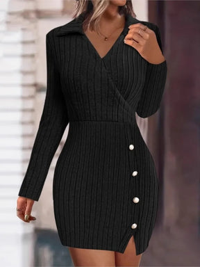 Mini vestido de malha com decote em v feminino, botão, encaixe apertado, abraço do quadril, vestidos de manga comprida, monocromático, fino, sexy, outono, inverno, novo
