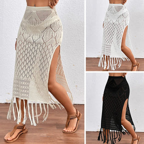 Saia sarong de malha para mulheres, fenda alta, encobrimento de borla, biquíni sexy, praia, férias, verão