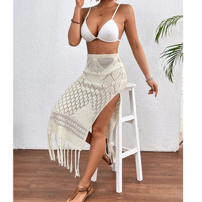 Saia sarong de malha para mulheres, fenda alta, encobrimento de borla, biquíni sexy, praia, férias, verão