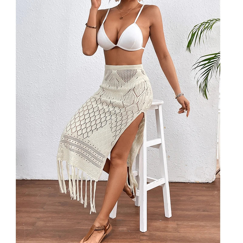 Saia sarong de malha para mulheres, fenda alta, encobrimento de borla, biquíni sexy, praia, férias, verão