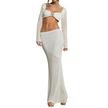Feminino verão 2 peças crochê oco para fora maiô cobrir ups fora do ombro malha colheita pullovers + saia longa conjunto beachwear