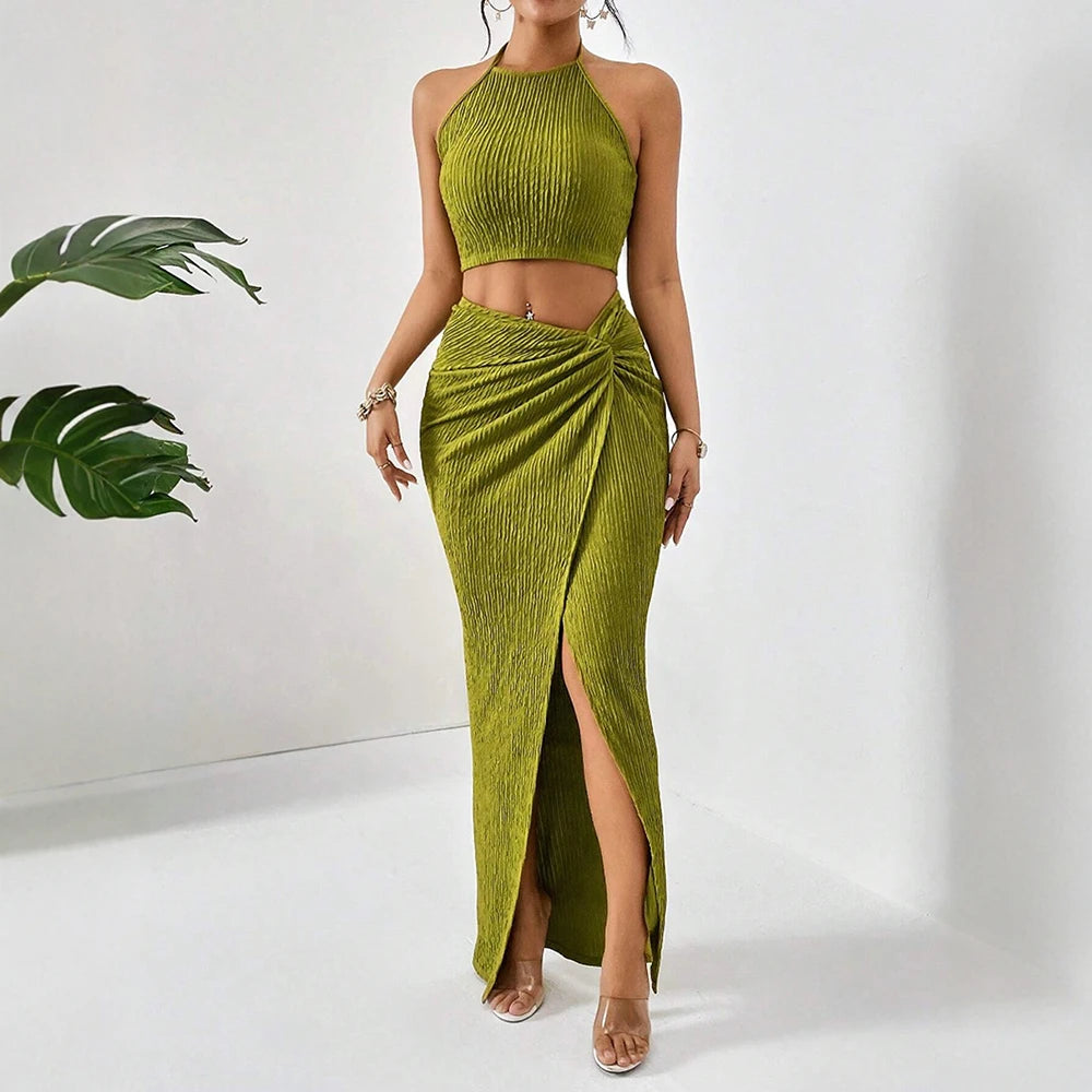 Mia musa define primavera verão encaixe fino elegante simples fenda sem mangas halter pescoço cintura natural maxi conjuntos de festa para mulher