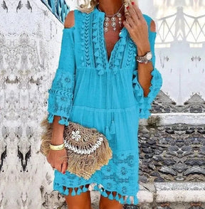 Nova primavera bordado crochê renda boho vestido feminino elegante fora do ombro borla plissado mini vestido de verão com decote em v senhora vestido de praia