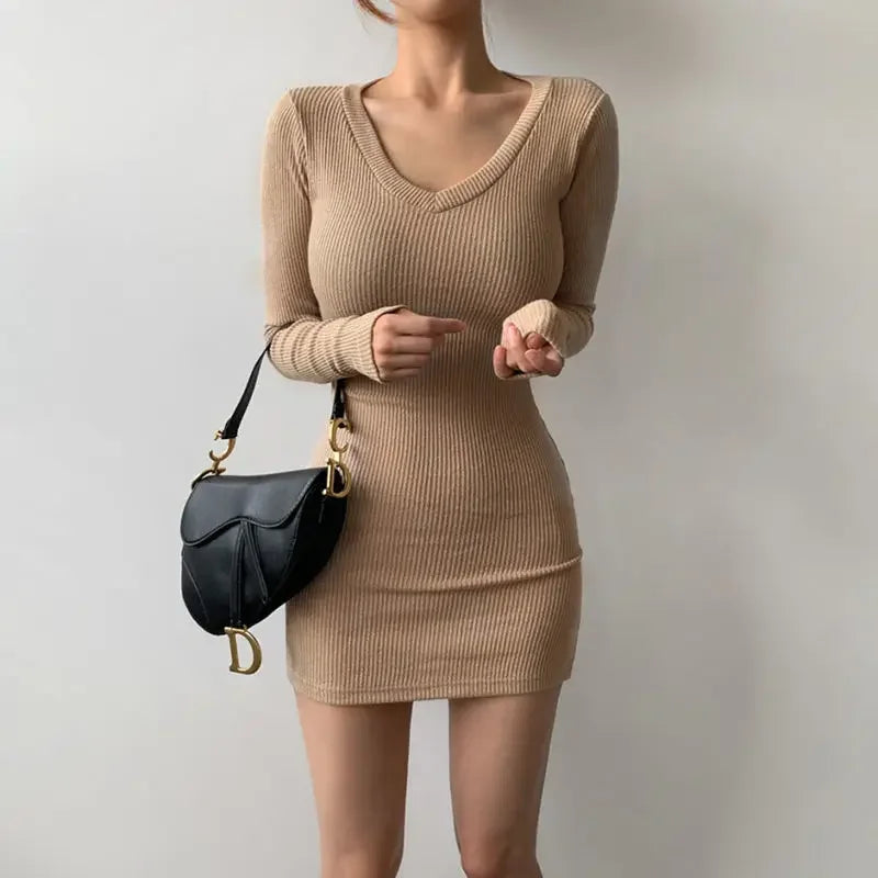 Coreano primavera 2025 com decote em v com nervuras bodycon saia apertada emagrecimento vestido de manga longa moda feminina mini vestido comprimento de manga cheia