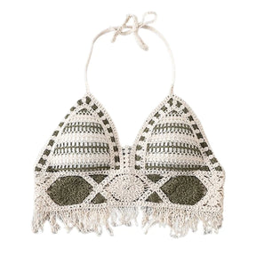 Verão malha sem curto colheita topo feminino sexy oco para fora crochê borlas bainha cabresto sutiã bustier almofadas no peito dropshipping